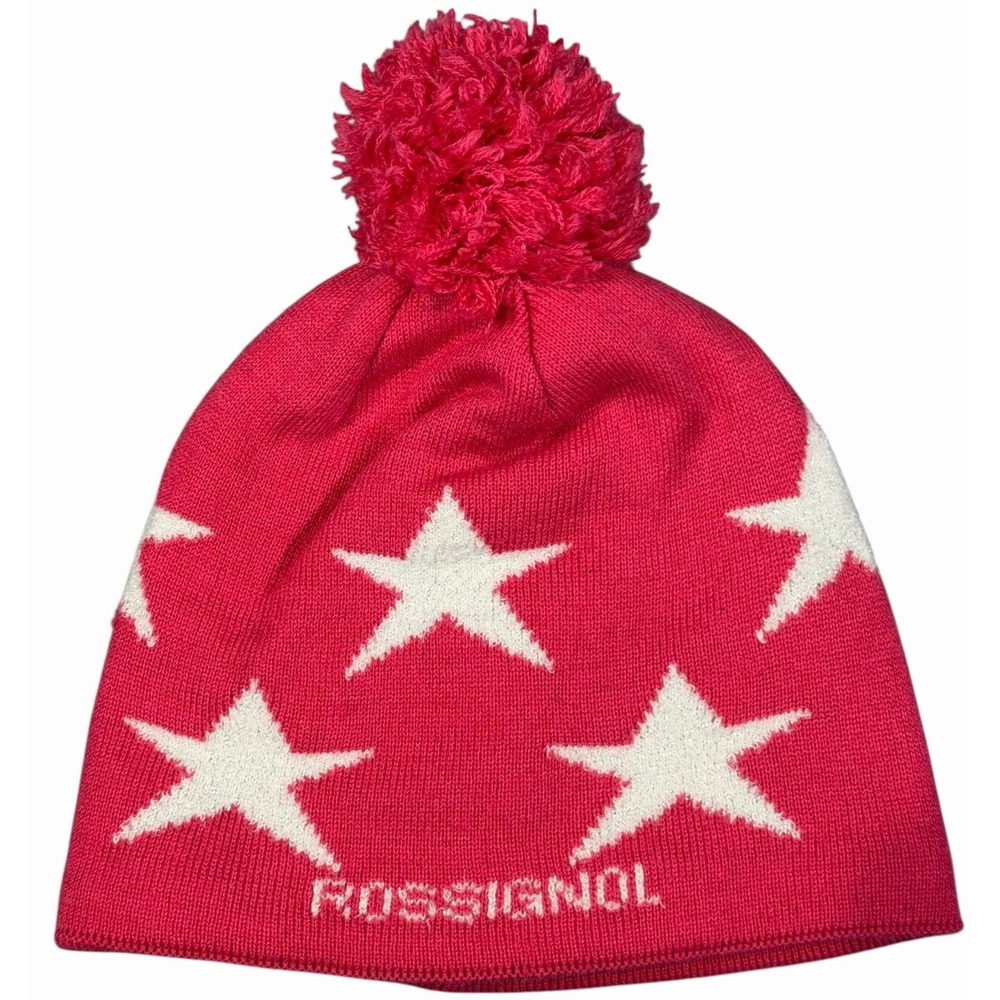 Rossignol Junior Beanie Pom Pom Fleece Lined Hat Girls OS Stars Pink Metallic